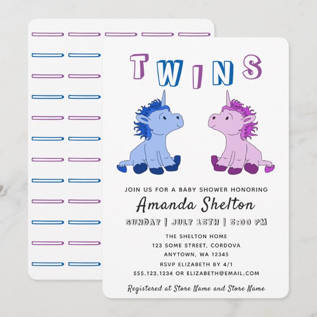 Unicorn Twins Baby Shower Invitation Card (Front/Back)