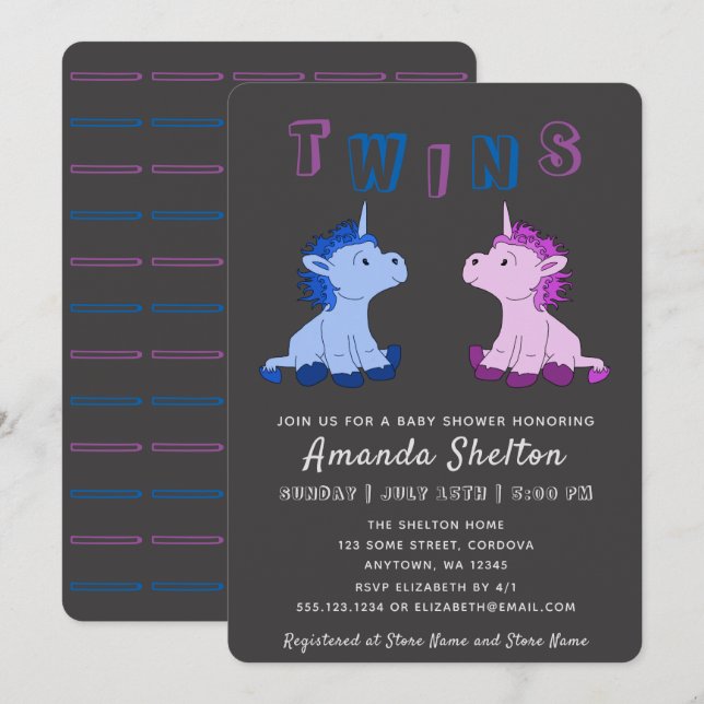 Unicorn Twins Baby Shower Invitation Card (Front/Back)