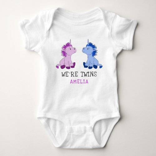 Unicorn Twins Boy Girl Baby Bodysuit with Name - Unicorn Twins Boy and Girl Baby Bodysuit with Pink Girl Name. Two cute unicorns - pink and blue for a baby boy and a baby girl. Personalize with your name - pink for a baby girl. Great design for twins for a baby shower or a gift for a newborn baby girl.