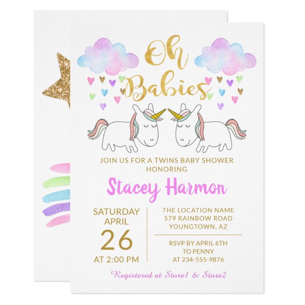 Unicorn Twins Pastel Rainbow Clouds Baby Shower Invitation