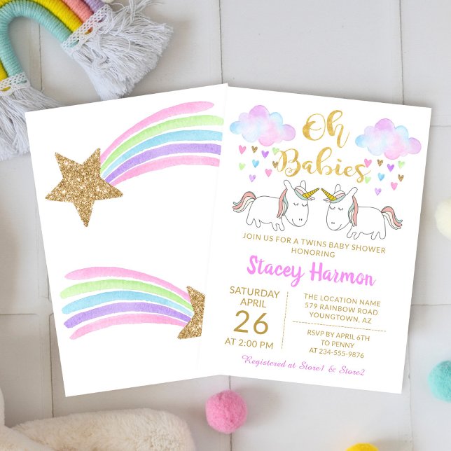 Unicorn Twins Pastel Rainbow Clouds Baby Shower Invitation (Creator Uploaded)