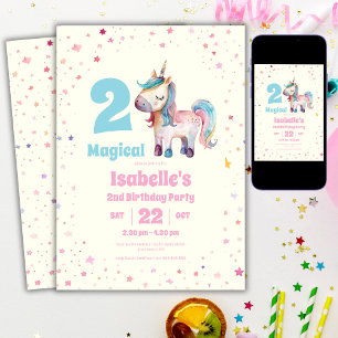 Unicorn Two Magical 2nd Birthday Party Invitation
