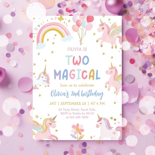 Unicorn Two Magical Pastel 2nd Birthday Invitation (Creator Uploaded)