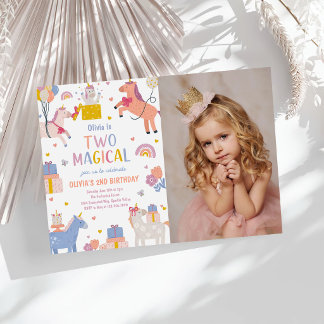 Unicorn Two Magical Pastel 2nd Birthday Photo Invitation