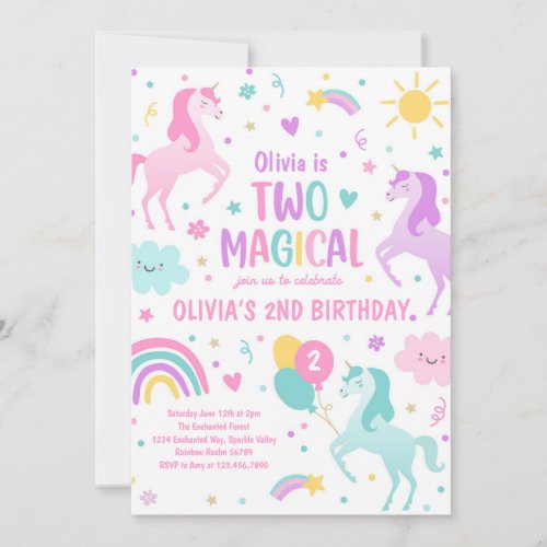 Unicorn Two Magical Pastel Rainbow 2nd Birthday Invitation