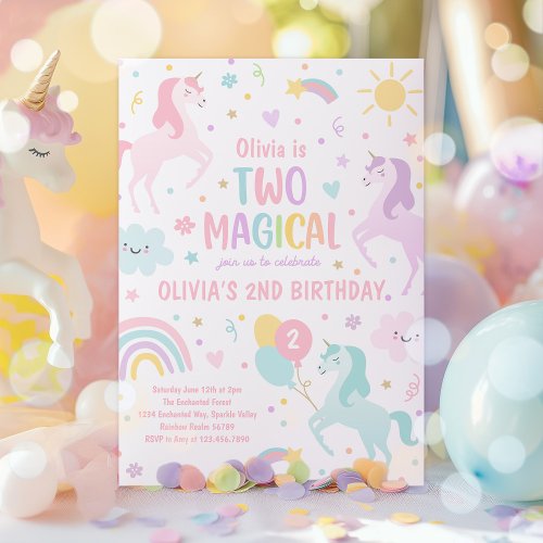 Unicorn Two Magical Pastel Rainbow 2nd Birthday Invitation