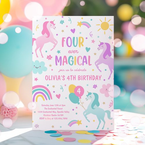 Unicorn Un_Four_Gettable 4th Party Birthday Party Invitation