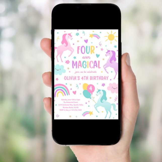 Unicorn Un-Four-Gettable 4th Party Birthday Party Invitation (Front Digital)