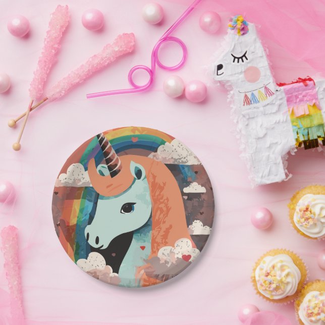 Unicorn under Rainbow & Among Hearts Paper Plates (Party)