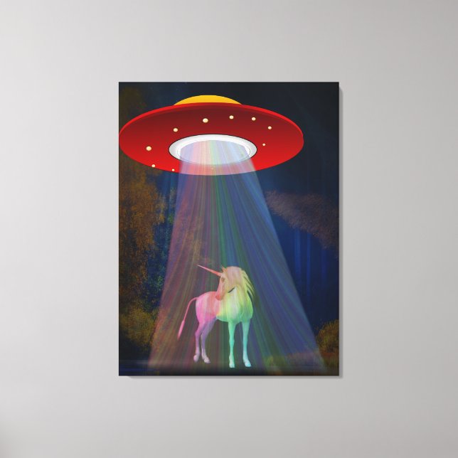 Unicorn Under UFO Rainbow Beam at Night Canvas Print (Front)