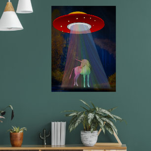 Unicorn Under UFO Rainbow Beam at Night Poster