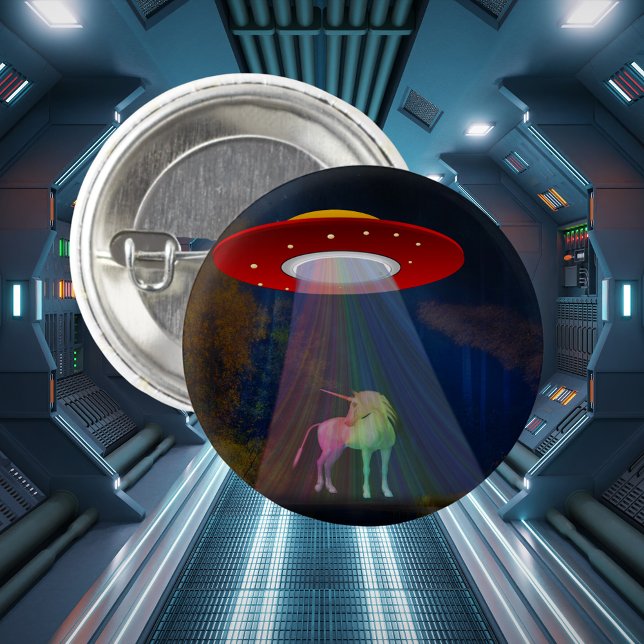 Unicorn Under UFO Rainbow Beam at Night, ZKoA Button (Unicorn Under UFO Rainbow Beam at Night Button)