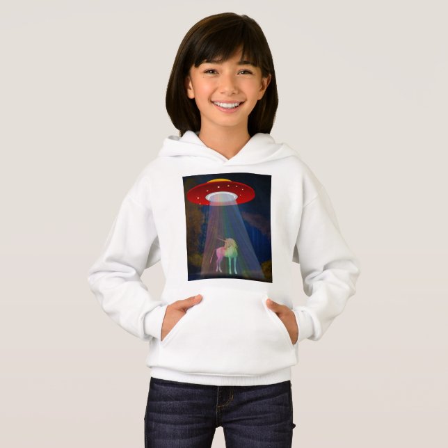 Unicorn Under UFO Rainbow Beam at Night, ZKoA Hoodie (Front Full)