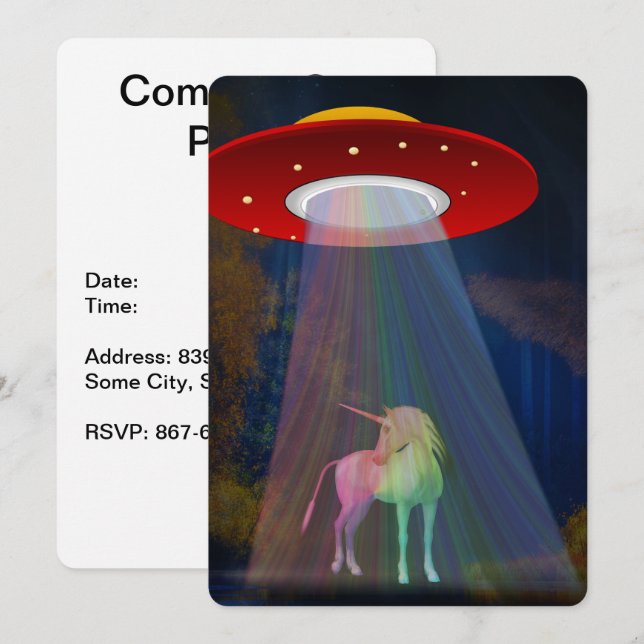 Unicorn Under UFO Rainbow Beam at Night, ZKoA Invitation (Front/Back)