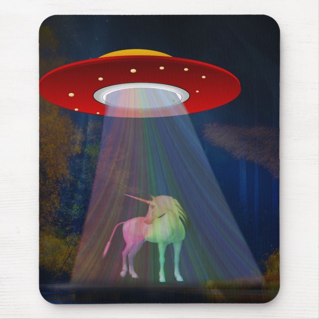 Unicorn Under UFO Rainbow Beam at Night, ZKoA Mouse Pad (Front)