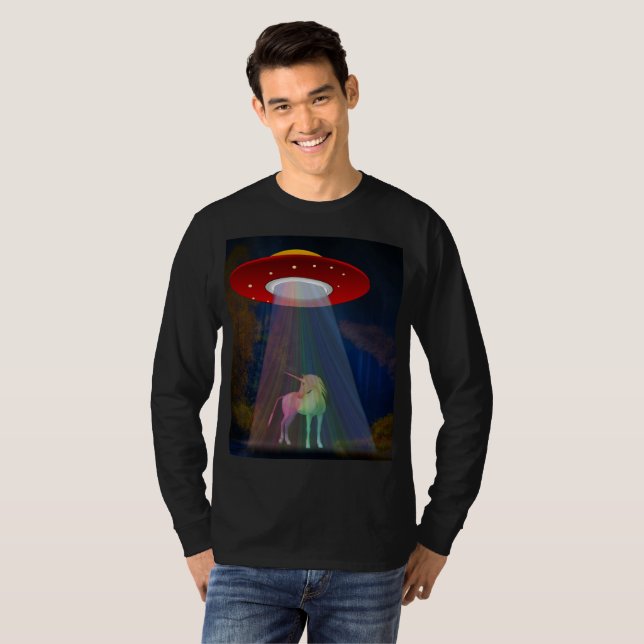 Unicorn Under UFO Rainbow Beam at Night, ZKoA T-Shirt (Front Full)