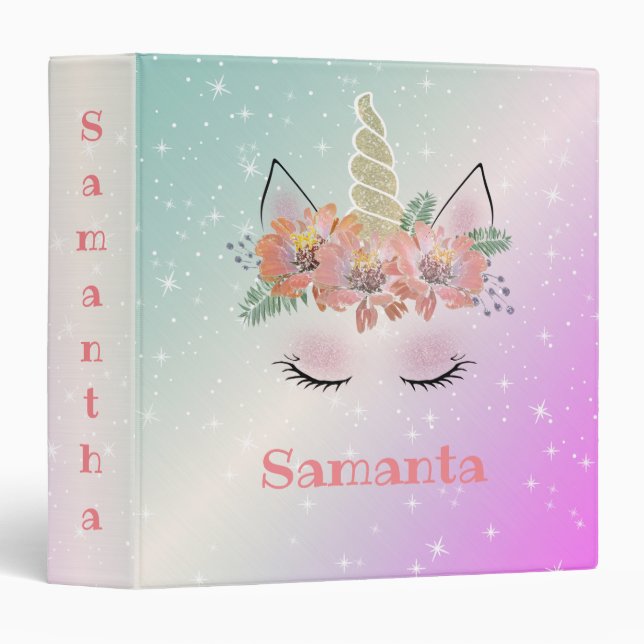 Unicorn, Unicorn Face, personalized, girly, floral 3 Ring Binder (Front/Spine)