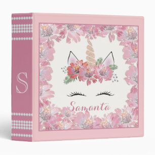 Unicorn, Unicorn Face, personalized, girly, floral 3 Ring Binder
