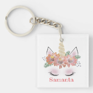 Unicorn, Unicorn Face, personalized, girly, floral Keychain