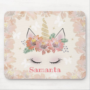 Unicorn, Unicorn Face, personalized, girly, floral Mouse Pad