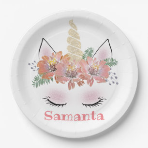 Unicorn, Unicorn Face, personalized, girly, floral Paper Plates