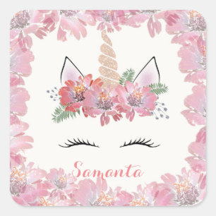 Unicorn, Unicorn Face, personalized, girly, floral Square Sticker