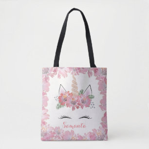 Unicorn, Unicorn Face, personalized, girly, floral Tote Bag