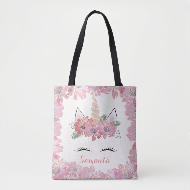 Unicorn, Unicorn Face, personalized, girly, floral Tote Bag (Front)