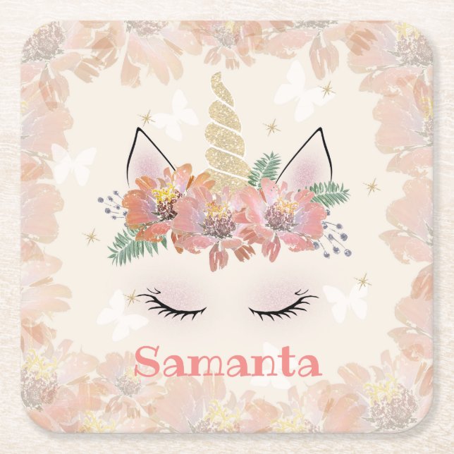 Unicorn, Unicorn Face, personalized Square Paper Coaster (Front)