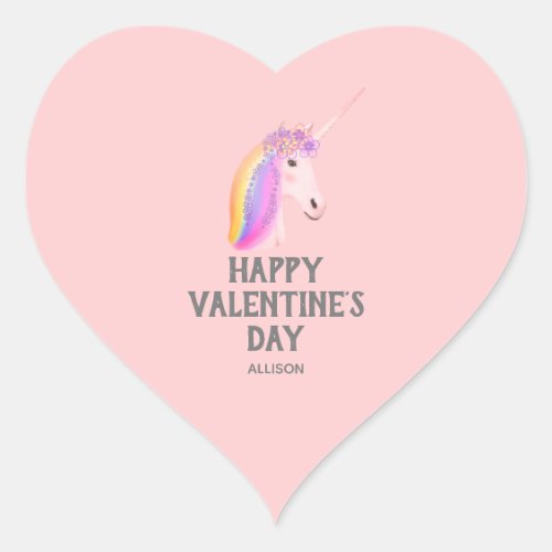 Unicorn Valentines Day Blush Pink Personalized Heart Sticker