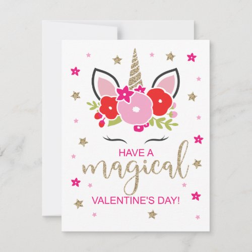 Unicorn Valentines Day Card Gold Red and Pink
