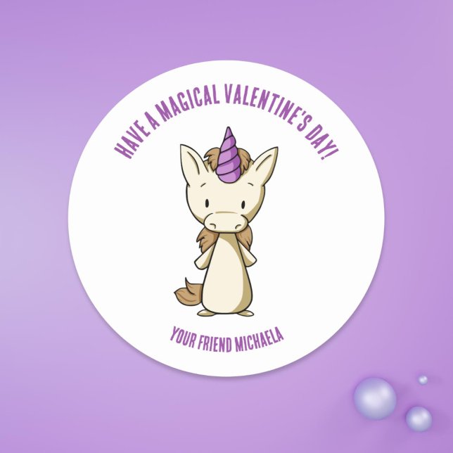 Unicorn Valentine's Day Girls Classroom Classic Round Sticker (Creator Uploaded)