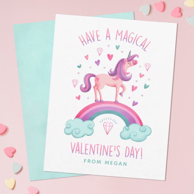 Unicorn Valentines Day Greeting Card (Personalize this cute unicorn Valentine's Day card for your girls classroom exchange.)