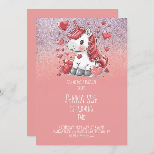 Unicorn Valentines Day Party Invitation (Front/Back)