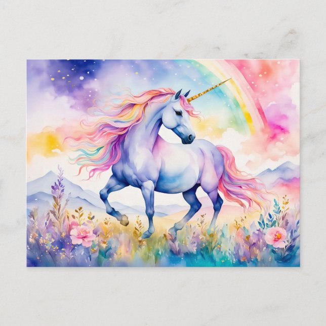 Unicorn Walking Beneath A Shimmering Rainbow Postcard (Front)