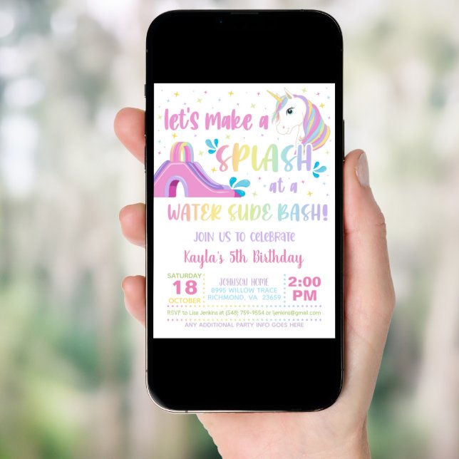 Unicorn Water Slide Birthday Invitation (Front Digital)
