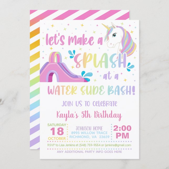 Unicorn Water Slide Birthday Invitation (Front/Back)