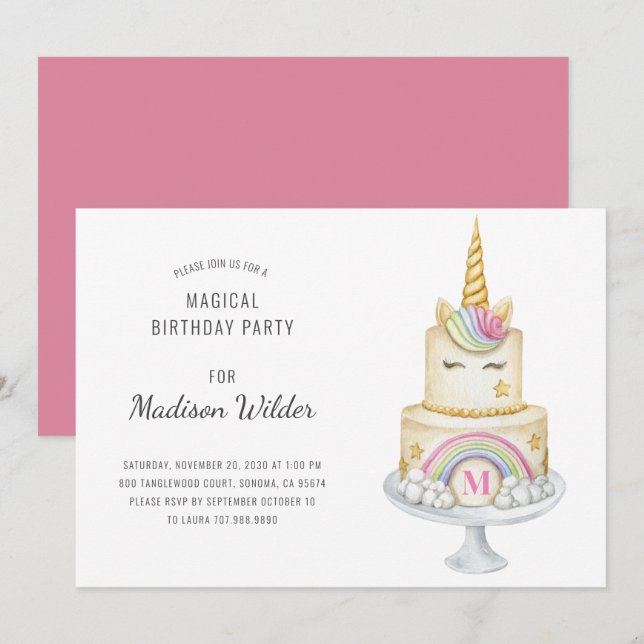 Unicorn Watercolor Cake Birthday Invitation (Front/Back)