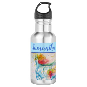 Unicorn Watercolor cute Whimsical Girls Name Art Stainless Steel Water Bottle