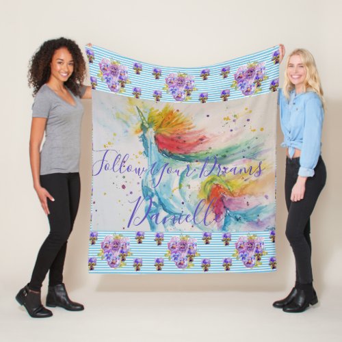 Unicorn Watercolor Floral Girls Name Blanket