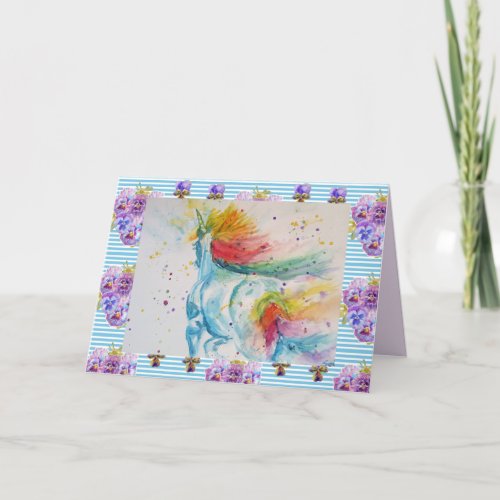 Unicorn Watercolor Floral Pastel Birthday Card