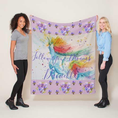 Unicorn Watercolor Lilac Floral Girls Name Blanket