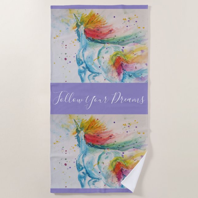 Unicorn Watercolor Painting  Dreams Beach Towel (Front)