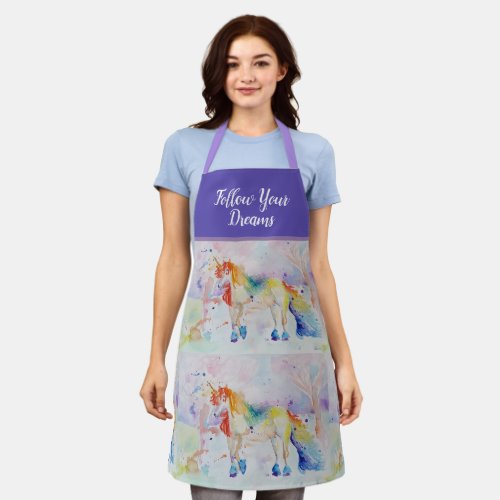 Unicorn Watercolor Painting Dreams Purple  Apron