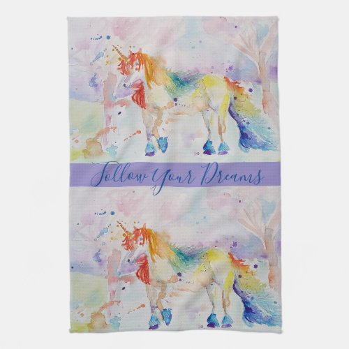 Unicorn Watercolor Painting Dreams Tea Towel