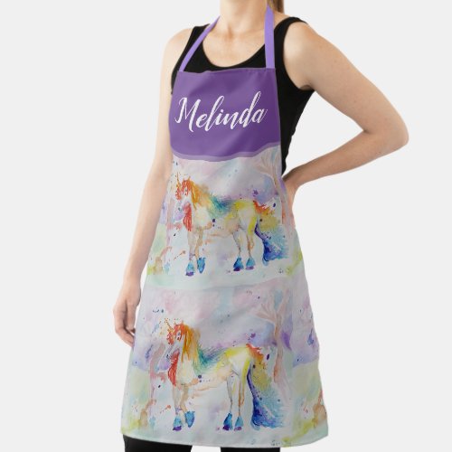 Unicorn Watercolor Painting Purple Womans Apron