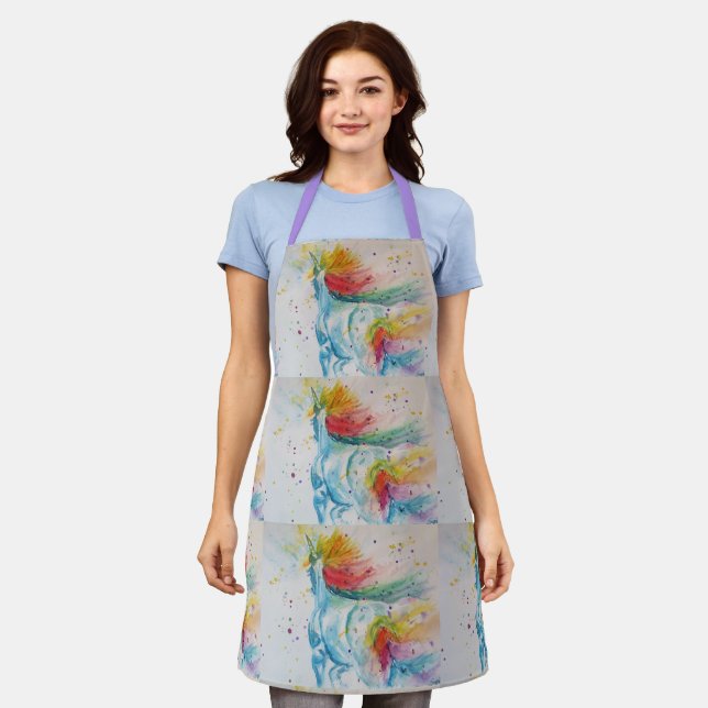 Unicorn Watercolor Painting Purple Womans Apron (Worn)