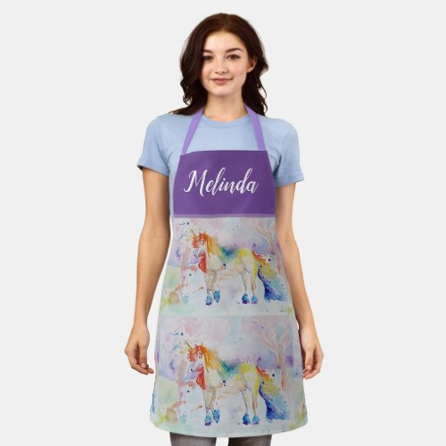 Unicorn Watercolor Painting Purple Womans Apron