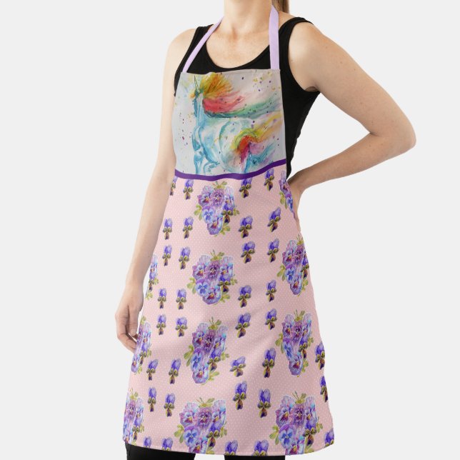 Unicorn Watercolor Painting Purple Womans Apron (Insitu)