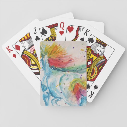 Unicorn Watercolor Painting Rainbow Girls Playing  Poker Cards